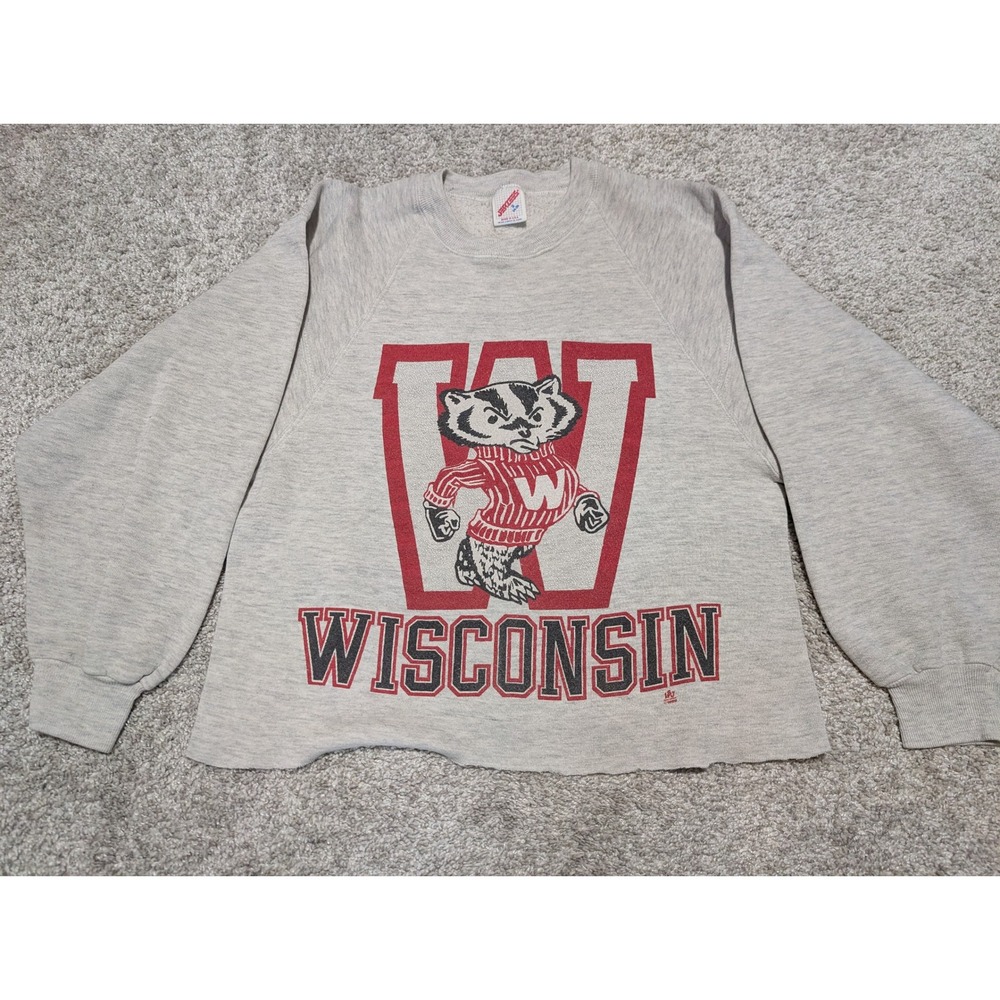 Jerzees Sweatshirt Women S Wisconsin Badgers Bucky USA Vintage Cropped 80s Gray